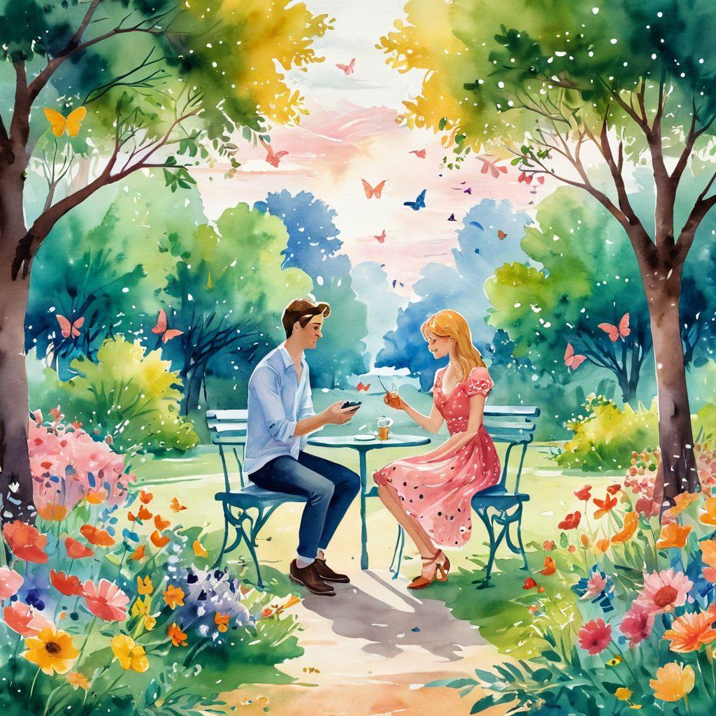 A whimsical illustration of a couple engaged in a joyful date in a lush park, surrounded by vibrant flowers and playful butterflies, with swirling hearts and dreamy sparkles in the air. Include subtle elements of dating apps on their smartphones, showcasing romance and connection. The setting conveys warmth and enchantment, inviting viewers into love stories waiting to unfold. watercolor style. vibrant colors. dreamy atmosphere.