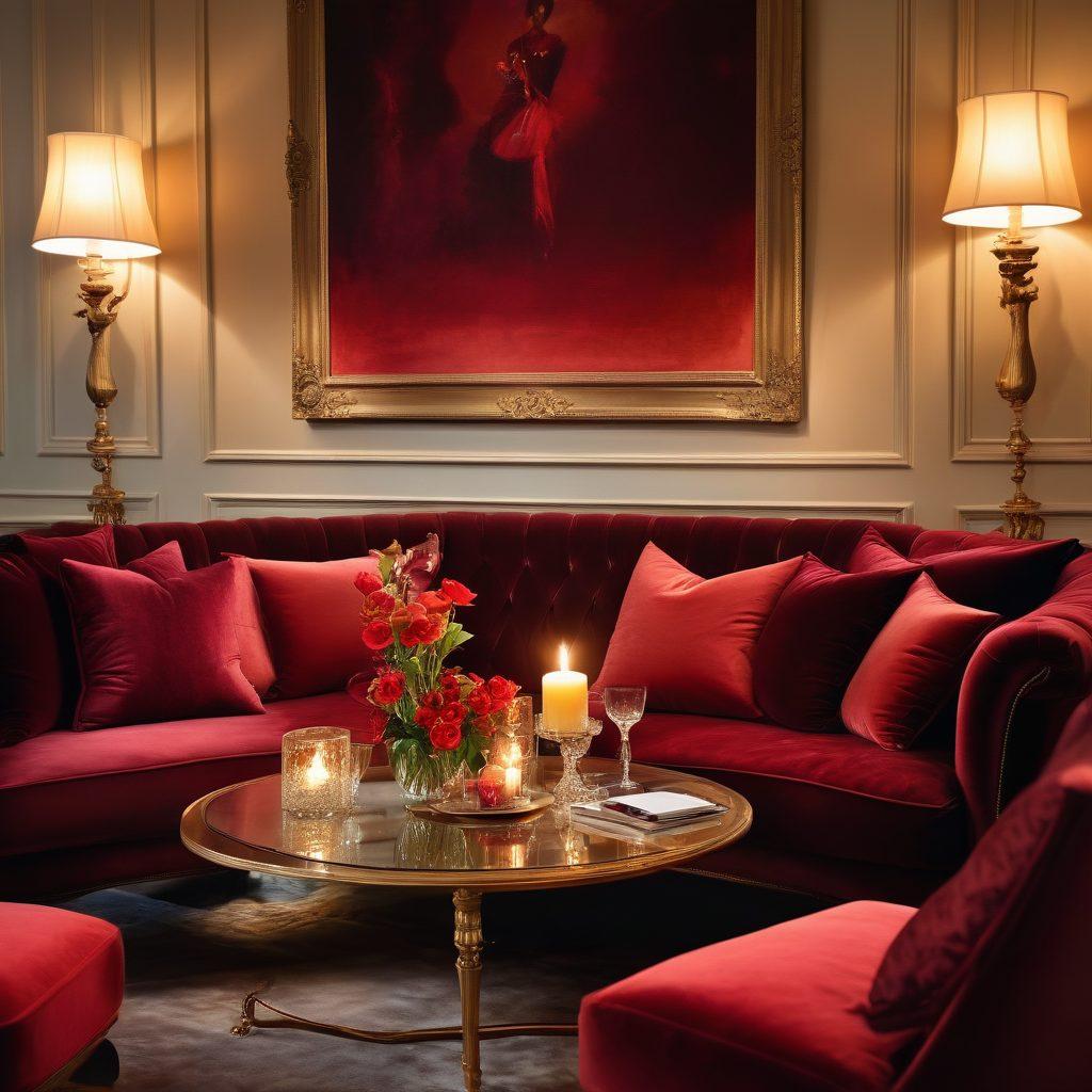 A captivating scene featuring a luxurious, dimly-lit room with plush velvet cushions and soft candlelight, showcasing a couple engaged in an intimate embrace. Surround them with artistic elements like elegant, flowing fabrics and delicate floral arrangements that evoke sensuality. Add subtle hints of romance, such as a glass of red wine on a small table. The atmosphere should be rich in warm hues, emanating love and allure. painterly style. rich colors. warm lighting.